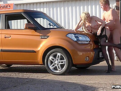 Busty MILF in stockings outdoor and in car fucked by hubby