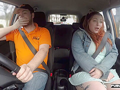 Curvy ginger inked babe publicly fucked in car by instructor