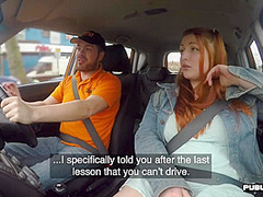 Curvy ginger inked babe publicly fucked in car by instructor