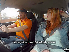 Curvy ginger inked babe publicly fucked in car by instructor