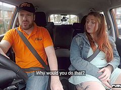 Curvy ginger inked babe publicly fucked in car by instructor