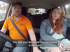 Curvy ginger inked babe publicly fucked in car by instructor