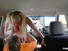 Busty MILF publicly outdoor fucked in car by driving tutor