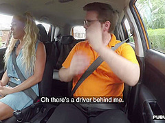 Busty MILF publicly outdoor fucked in car by driving tutor