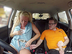 Busty MILF publicly outdoor fucked in car by driving tutor