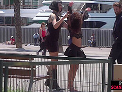 Petite naked teen humiliated in public by domina and lord