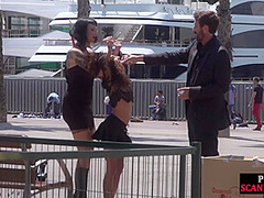Petite naked teen humiliated in public by domina and lord