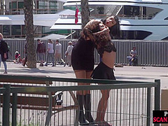 Petite naked teen humiliated in public by domina and lord