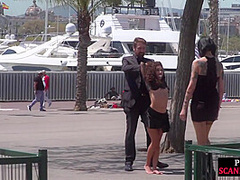 Petite naked teen humiliated in public by domina and lord