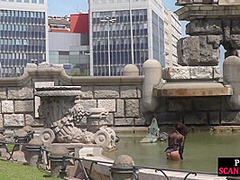 Petite naked teen humiliated in public by domina and lord