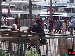 Petite naked teen humiliated in public by domina and lord