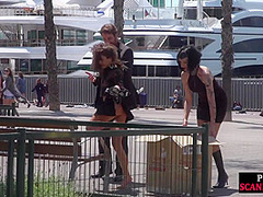 Petite naked teen humiliated in public by domina and lord