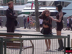Petite naked teen humiliated in public by domina and lord