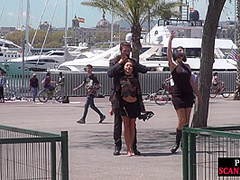 Petite naked teen humiliated in public by domina and lord