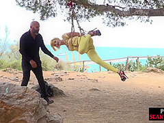 Femsub used in public suspension bondage with spanking