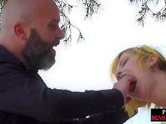 Femsub used in public suspension bondage with spanking