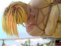 Femsub used in public suspension bondage with spanking