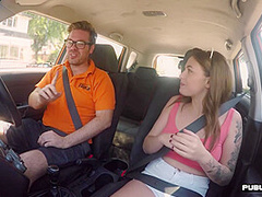 Tattoo babe publicly banged outdoor in car by driving tutor