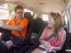Tattoo babe publicly banged outdoor in car by driving tutor