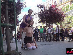 Useless babe humiliated in public by her lezdom lady