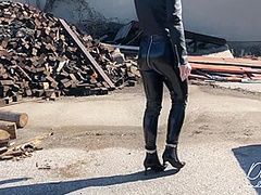Amateur Girl In Shiny Vinyl Latex Leggings Receives A Huge Load Of Cum