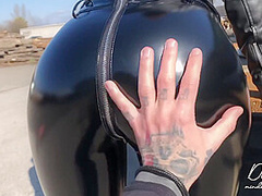 Amateur Girl In Shiny Vinyl Latex Leggings Receives A Huge Load Of Cum