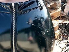 Amateur Girl In Shiny Vinyl Latex Leggings Receives A Huge Load Of Cum