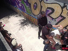 Pathetic babe publicly fucked and pissed in group sex