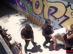 Pathetic babe publicly fucked and pissed in group sex