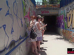 Pathetic babe publicly fucked and pissed in group sex