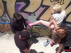 Pathetic babe publicly fucked and pissed in group sex