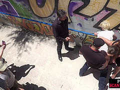 Pathetic babe publicly fucked and pissed in group sex