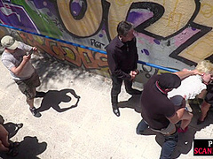 Pathetic babe publicly fucked and pissed in group sex