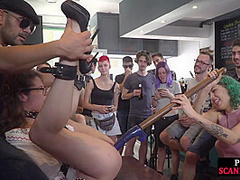 Ballgagged useless babe publicly toyed and fucked in group