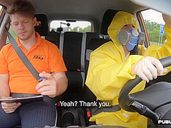 Ballslicking babe fucked outdoor in the car of instructor