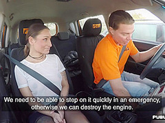 BJ babe in stockings outdoor fucked by instructor in car