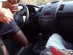 BJ babe in stockings outdoor fucked by instructor in car
