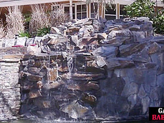 Lesbian bikini babes enjoy double dildo anal toying outdoor