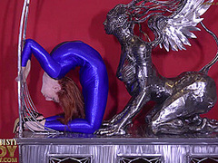 Brunette Lady Bending Blue Spandex - Watch4Fetish