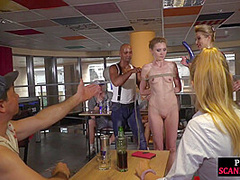 Skinny femsub publicly bonded and mouthfucked with dildo