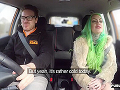 Busty MILF mouth jizzed in car after sex with driving tutor