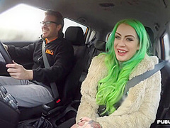 Busty MILF mouth jizzed in car after sex with driving tutor