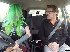 Busty MILF mouth jizzed in car after sex with driving tutor