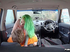 Busty MILF mouth jizzed in car after sex with driving tutor