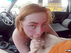 Bigass ginger throats and rides driving tutor in car