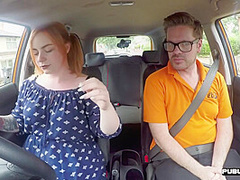 Bigass ginger throats and rides driving tutor in car