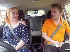 Bigass ginger throats and rides driving tutor in car