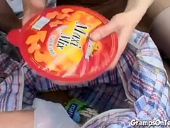 Teen drinks musty cumshot after fucking gramps