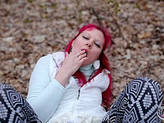 Fast Blowjob And Footjob In The Spring Forest With Pinkhair Girl