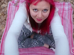 Fast Blowjob And Footjob In The Spring Forest With Pinkhair Girl